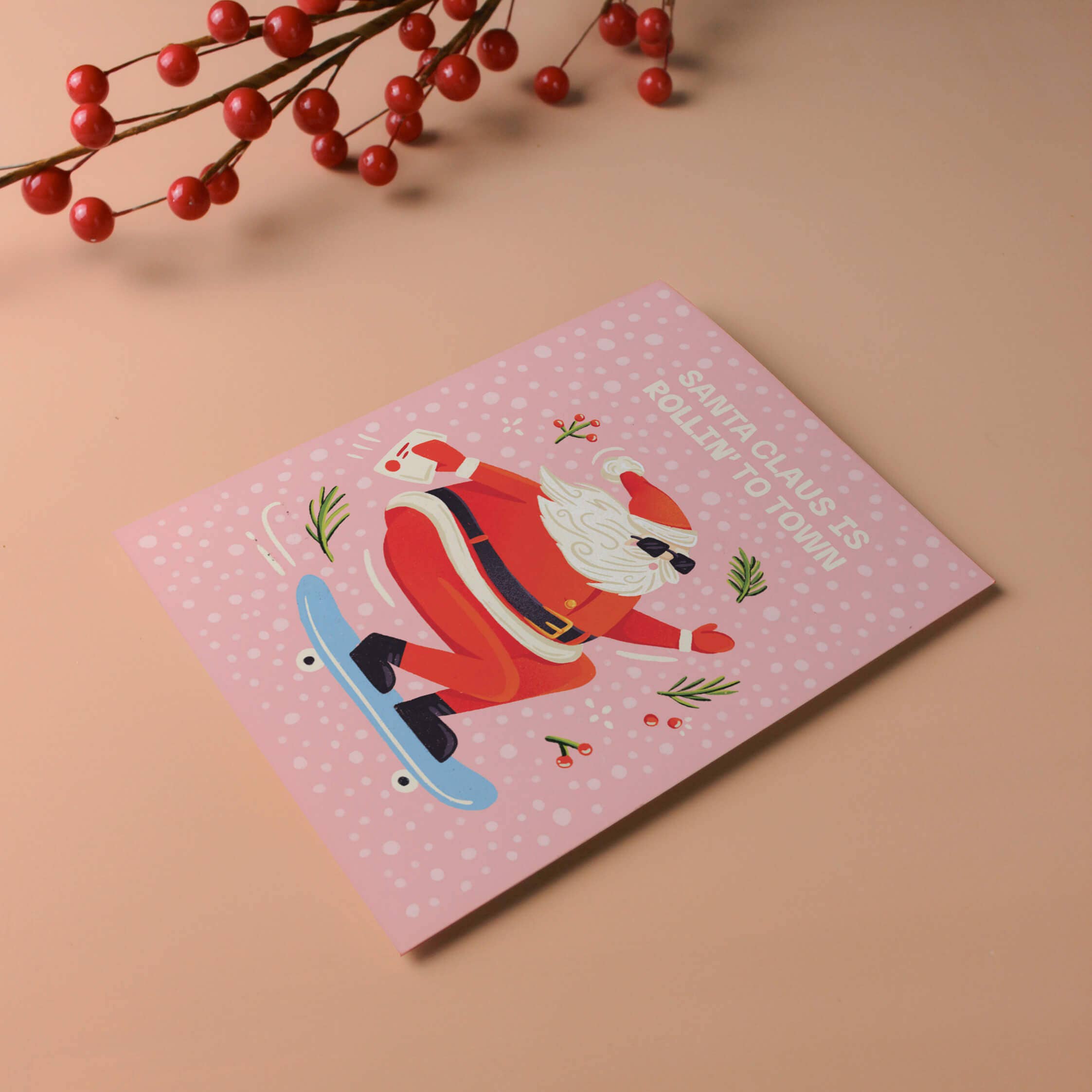 Rollin' To Town Santa - Illustrated Holiday Card
