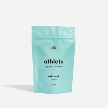 Athlete Bath Salt Soak - Matte teal resealable pouch with black text labeled Athlete peppermint eucalyptus bath salt soak.
