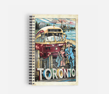Toronto, World Class City Notebook | Rob Croxford - Spiral-bound notebook with vintage Toronto streetcar and city skyline artwork, unique handmade Canadian gift.