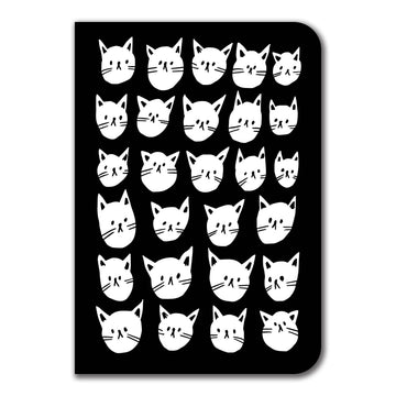Many Cats Notebook - Black notebook with unique white cat faces pattern, handmade Canadian gift design.