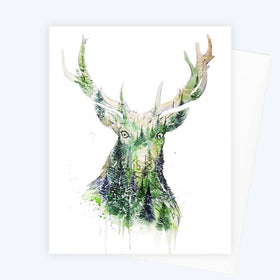 Red Tail Stag - Deer Forest Watercolor Art Card