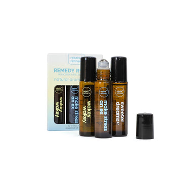 Remedy Roller 3 Pack 100% Natural ESSENTIAL OILS - Set of three handmade Canadian Remedy Roller essential oils with amber glass bottles and black caps, unique gift spa.
