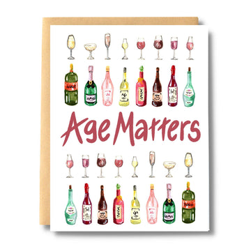 Age Matters, If You're A Wine - Handmade Canadian greeting card with colorful wine bottles and glasses, unique birthday gift design.