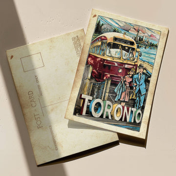 Toronto, A World Class City Postcard | Rob Croxford - Vintage-style Toronto postcard with colorful streetcar, cityscape, and bold "TORONTO" text.