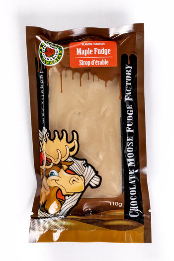 Fudge - Maple - Maple fudge bar in clear brown wrapper with cartoon moose, Canadian handmade gift packaging.