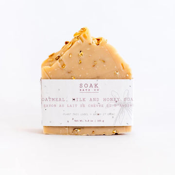 Oatmeal, Milk and Honey Soap Bar - Handmade Canadian oatmeal, milk, and honey soap bar with natural oats, unique gift packaging.