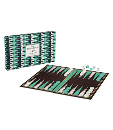 Backgammon - Handmade Canadian backgammon set with teal and brown geometric design, unique gift for grown-ups.