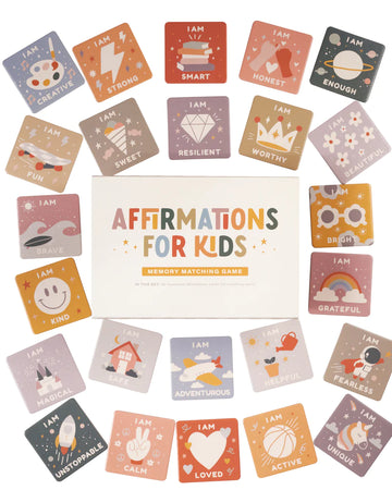 Affirmations for Kids Memory Matching Game - Affirmations for Kids memory matching game cards with colorful animal and symbol designs, handmade Canadian gift.