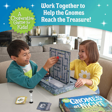 Gnomes At Night - Children playing Gnomes At Night cooperative board game with maze and treasure, unique Canadian handmade gift.