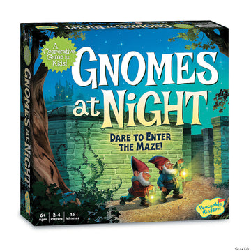 Gnomes At Night - Gnomes At Night board game box featuring two gnomes exploring a glowing maze, unique handmade Canadian gift idea.