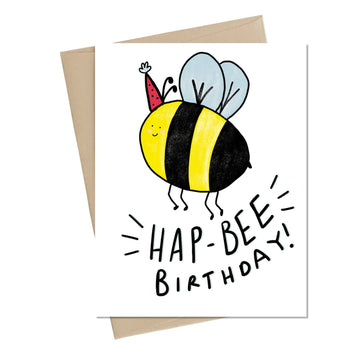 Hap-Bee Birthday Card - Handmade Canadian birthday card with cute bee illustration and "Hap-Bee Birthday!" text, unique gift design.
