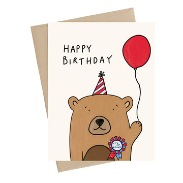 Bear Birthday Card - Handmade Canadian birthday card with a bear wearing a party hat holding a red balloon, unique gift design.