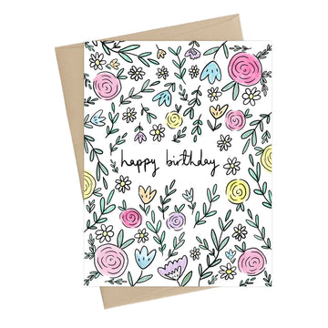 Summer Flower Birthday Card - Birthday card with colorful hand-drawn summer flowers, unique handmade Canadian gift design.