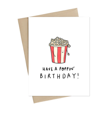 Have a Poppin' Birthday Card - Handmade Canadian birthday card with a red-striped popcorn bucket and "Have a Poppin' Birthday!" text, unique gift design.