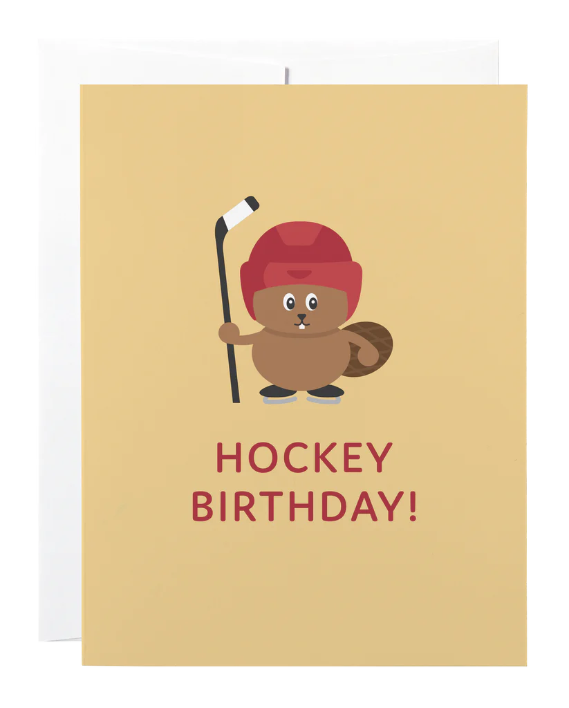 A brown card with a beaver in a hockey helmet and skates holding a hockey stick and the words "Hockey Birthday!"