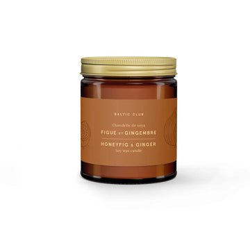 Honey Fig & Ginger Soy Candle - Handmade Canadian soy candle in amber jar with gold lid, honey fig and ginger scent, unique gift.