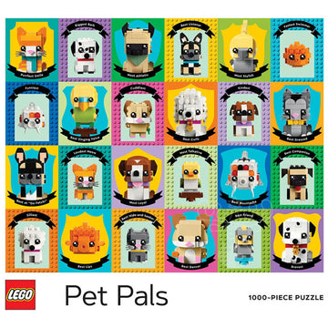Lego Pet Pals 1000 Piece Puzzle - Colorful LEGO Pet Pals puzzle featuring 24 unique animal characters in a grid, handmade gift.