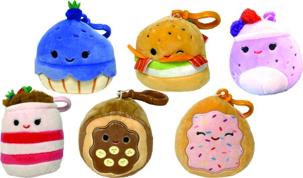 A blueberry muffin, burger, berry smoothie, yogurt parfait, peanut butter banana toast and poptart squishmallows