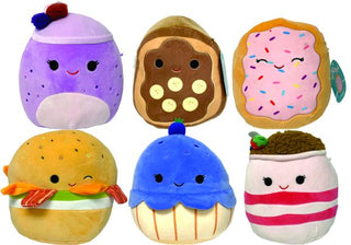 A purple berry smoothie squishmallow, a banana and peanut butter toast, a strawberry pop tart, a burger, a blueberry and a yogurt parfait