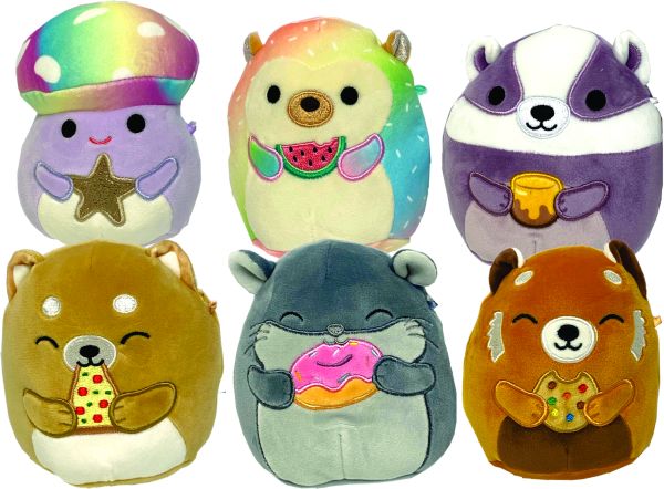 Purple mushroom holding a star, rainbow hedgehog holding a watermelon, purple badger holding a honey pot, brown dog holding a pizza, a chinchilla holding a donut, a red panda holding a cookie