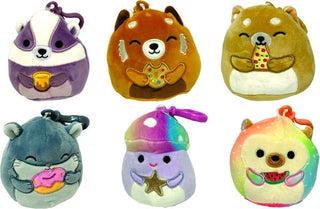 A purple badger holding a honey pot, a red panda holding a cookie, a dog holding pizza, a grey chinchilla holding a donut, a purple mushroom holding a star, and rainbow hedgehog holding a watermelon