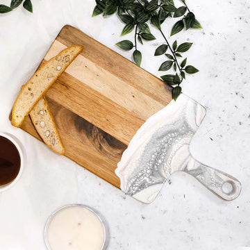 Lynn & Liana Medium Cheeseboard (8 x 16") - Handmade Canadian wooden cheeseboard with resin ocean design, unique gift idea.