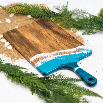 Lynn & Liana Large Cheeseboard (10 x 20") - Handmade Canadian cheeseboard with resin ocean design and rich walnut wood, unique gift idea.