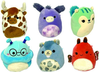 A purple cow with a tie-dye print belly, a brown cow with bangs, a blue alien with round frame glasses, a blue beaver with a cow print belly, a green squirrel with a blue tail, a red butterfly with small wings