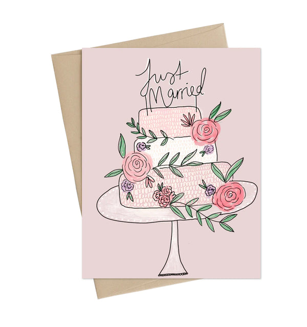 A pink card with an illustrated pink wedding cake with roses on a cake stand. The cake topper reads 