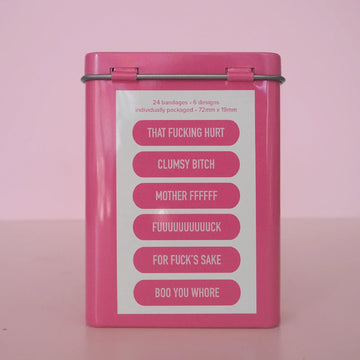 Klutzy Kuntz Bandages - Pink metal tin with humorous handmade bandages featuring cheeky phrases, unique Canadian gift.
