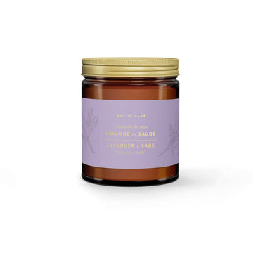 Lavender & Sage Soy Candle - Handmade Canadian soy candle in amber jar with lavender and sage label, unique gift idea.