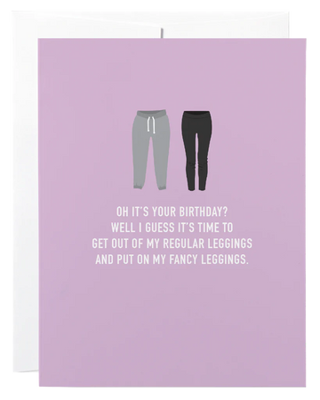Leggings Card - Purple greeting card with gray and black leggings illustration and humorous birthday message, unique handmade Canadian gift.