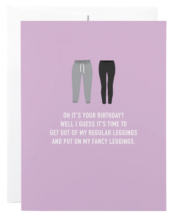 A purple card with 2 pairs of leggings and the words 