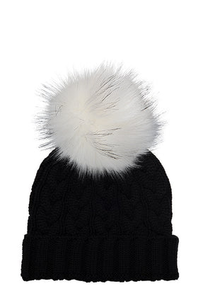 Cable Knit Hat with Faux Racoon Pom (adult) - various colours - 0