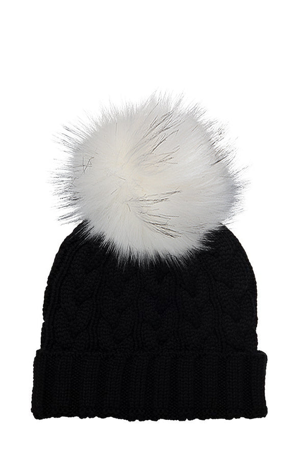 Cable Knit Hat with Faux Racoon Pom (adult) - various colours
