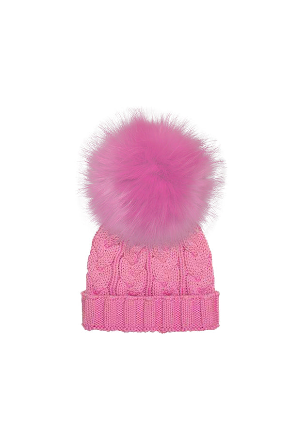 Infant Cable Knit Hat with Faux Racoon Pom (various colours)