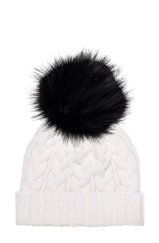 Cable Knit Hat with Faux Racoon Pom (adult) - various colours