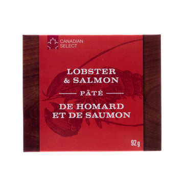 Lobster & Salmon Pate - Canadian Select Lobster & Salmon Pâté 92g in red and wood-grain designed gift box, handmade gourmet item.