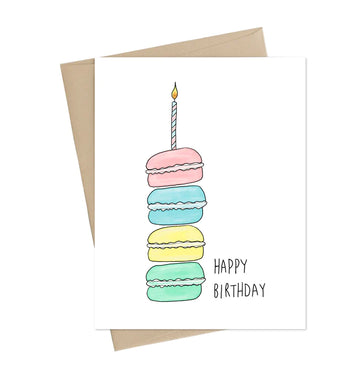 Macaroon Happy Birthday Card - Handmade Canadian birthday card with colorful macaroon stack and "Happy Birthday" text, unique gift design.