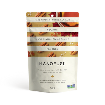 Handfuel Maple Glazed Pecans (120g) - Handfuel maple glazed pecans in resealable bag with autumn leaf design, unique Canadian handmade gift.