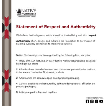 Metallic Coloured Pencils - Feather - Native Northwest Statement of Respect and Authenticity text with logo and traditional Indigenous design border on white.