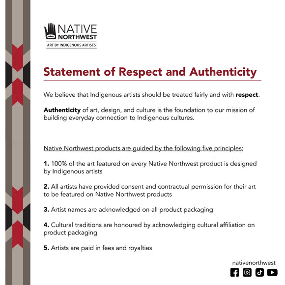 Metallic Coloured Pencils - Feather - Native Northwest Statement of Respect and Authenticity text with logo and traditional Indigenous design border on white.