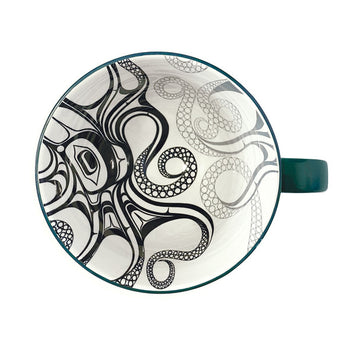Porcelain Art Mug - Octopus (Nuu) - Handmade porcelain mug with intricate black octopus design, unique Canadian gift with teal handle.