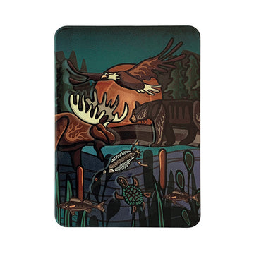 Embossed Metal Magnet - All My Relatives (Indinawemaaganidag) - Rectangular embossed metal magnet with colorful Indigenous art of a moose, eagle, bear, fish, and turtle in a nature scene.