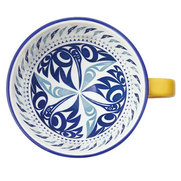 Porcelain Art Mug - Hummingbird - Porcelain mug with intricate blue hummingbird design inside, yellow handle, handmade Canadian gift.