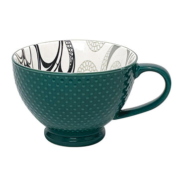 Porcelain Art Mug - Octopus (Nuu) - Dark green textured porcelain mug with black and white octopus design inside, handmade Canadian gift.