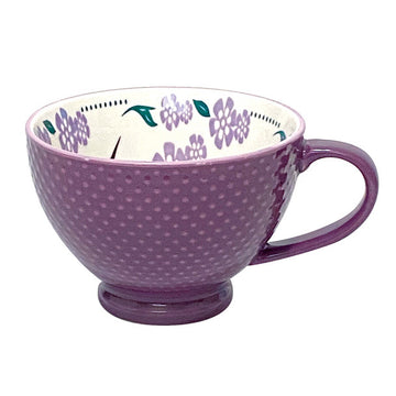 Porcelain Art Mug - Hummingbird by Francis Dick - Handmade purple porcelain mug with textured dots and colorful hummingbird floral design, unique Canadian gift.