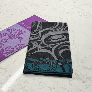 Printed Tea Towel - Octopus (Nuu) - Handmade Canadian tea towel with black and gray octopus print, unique gift idea.