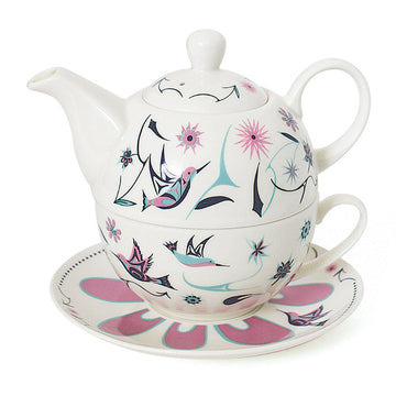 Tea For One Set - Hummingbirds - Handmade Canadian tea for one set with hummingbird artwork, unique gift with cup, teapot, and saucer.