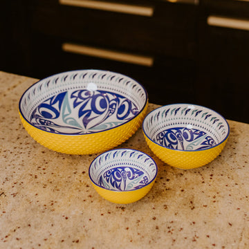 Porcelain Art Serving Bowl - Hummingbird - Set of three handmade Canadian porcelain serving bowls with unique blue hummingbird art and yellow exterior textured.